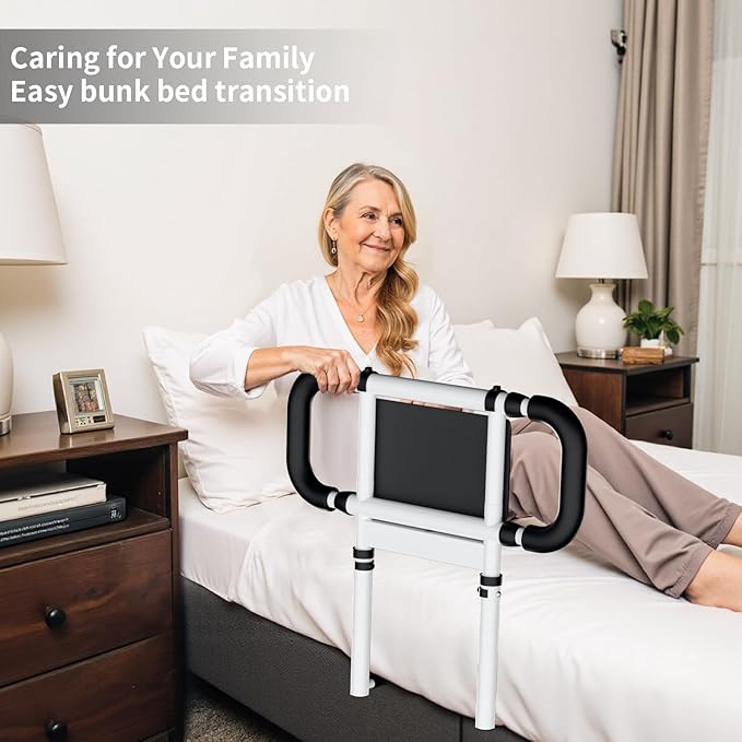 Bed Rails for Elderly Adults Safety: Elderly Assistance Products with Adjustable Double Grips, Storage Pocket, Motion Sensor Light, Items for Elderly Bed Rail, Can Withstand 300lb(White)