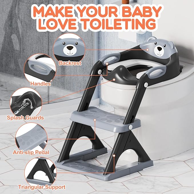 SKYROKU New Sector-Shape Stabilized Base 2-in-1 Toddler Toilet Seat, Potty Training Toilet with Splash Guard, Anti-Slip Pad, and Step Stool (Dark Blue) (8899-Black)