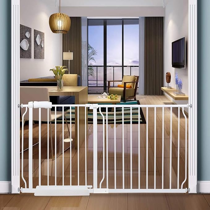 Extra Wide Baby Gate Tension Indoor Safety Gates White Metal Large Pressure Mounted Pet Gate Walk Through Long Safety Dog Gate for The House Doorways Stairs (57.48"-62.2"/146-158CM, White)