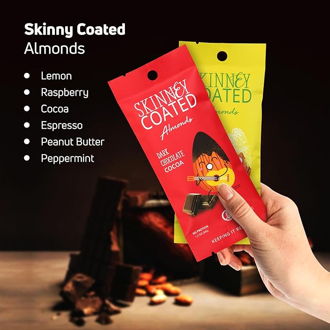 Skinny Coated Almonds Chocolate Snacks Multiple Flavors - Lemon, Dark Chocolate Peanut Butter, Raspberry, Peppermint, Chocolate Espresso Sweet Snacks - Gluten Free & Kosher, 1.2Oz Bag, 6g of Protein.