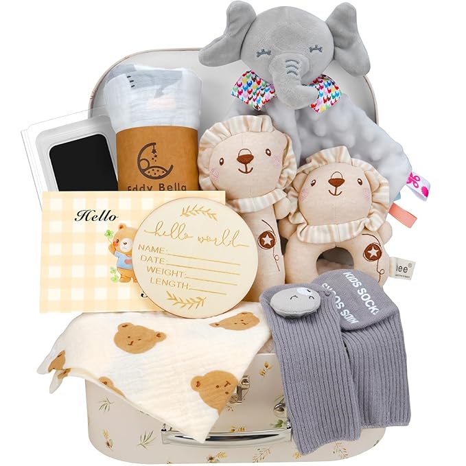 Newborn Baby Gift Basket, 10 Pcs Welcome New Baby Gift Baskets for Baby Boys Baby Girls, Quality & Cute & Funny Neutral Baby Essentials to Accompany Baby's Growth, New Baby Gift New Born Gifts