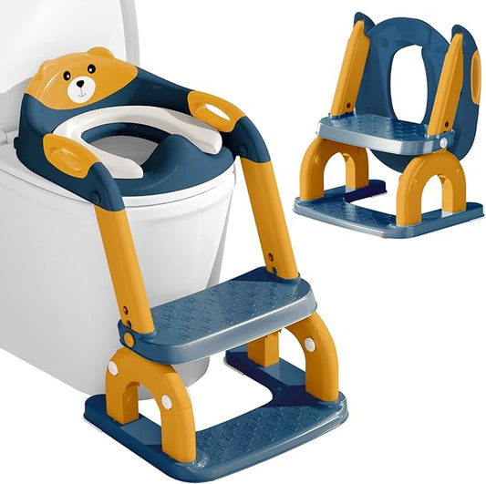 DEEKI Potty Training Seat Upgrade 2 in 1 Toddler Training Toilet Chair Potty Seat with Step Stool Ladder for Baby Kids Boys Girls(Blue and Yellow)