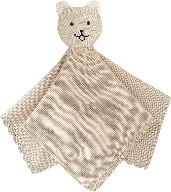 LAWKUL Baby Blanket Bear Lovey Soft Cuddly Security Blanket for Newborns Infants Boy Girl Knit Snuggle Comfort Camel 16x16in