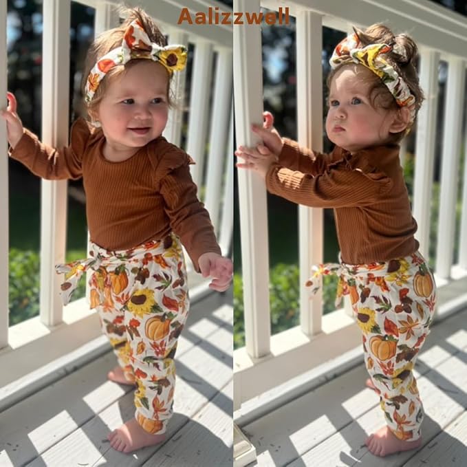 Aalizzwell Preemie Newborn Infant Baby Girls Clothes Ribbed Romper Bodysuit Pants Set Fall Winter Outfits