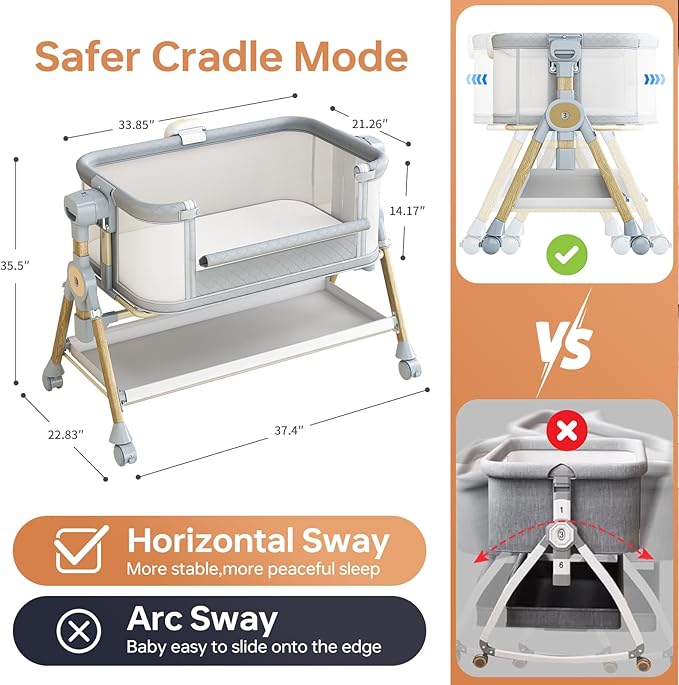 3 in 1 Baby Bassinet Bedside Sleeper, Rocking Bassinet for Baby with Wheels, Music Night Light, Storage Basket, Mattress, Adjustable Height, Portable Rocking Bedside Sleeper for Newborn Infant