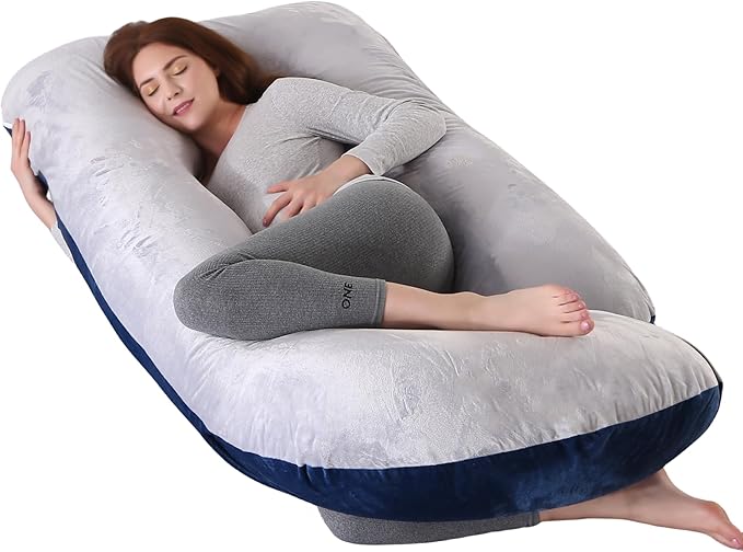 Pregnancy Pillow, Full Body Maternity Pillow 57 inch, with Removable Washable Cover - Sleep Support for Legs, Back, Neck, Shoulder, HIPS, Belly, Velvet Cover-Grey-Dark Blue