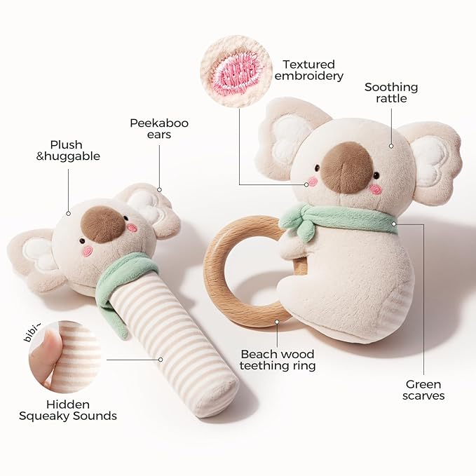 Evoceler 2 PCS Koala Rattles & Shaker Toys with Embroidered Details, Wooden Teething Ring Baby Toys, BPA-Free Sensory Toys for 0-3-6-12 Months, Squeaky Infant Toy, Ideal Baby Shower Boy Girl Gift