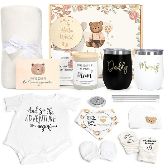 New Mom Gifts for Women, Luxury Pregnancy Gifts for New Parents Gender Reveal Gifts Baby Gift Sets with Mom and Dad Tumbler Baby Essentials for First Time Moms, Expecting Parents to Be, Baby Shower…