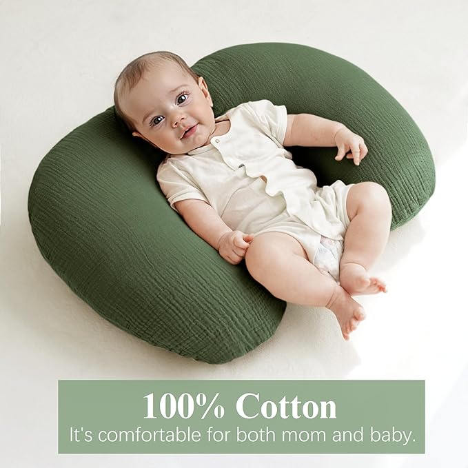 Muslin Nursing Pillow Covers, 2 Pack, Soft & Adorable Slipcovers with Zipper Closure, 100% Cotton Covers for Breastfeeding Pillows (Leaf, Green)