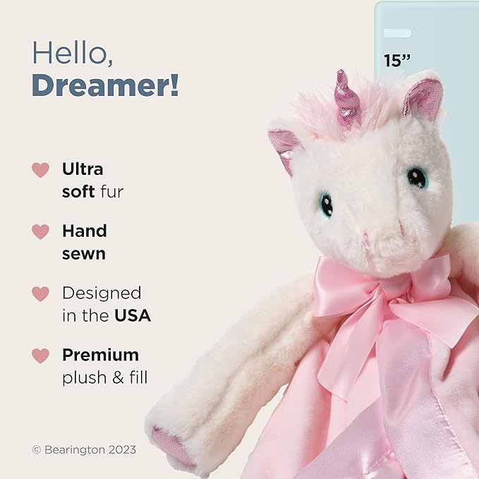 Bearington Baby Dreamer Snuggler - 15 Inch White and Pink Unicorn Plush Stuffed Animal Security Blanket Lovey for Babies - Plush Blanket