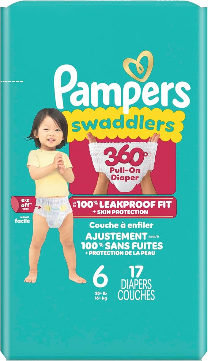 Pampers Diapers - Swaddlers 360° - Size 6, 17 Count, up to 100% Leakproof Comfy Dry Fit, Designed for Easy Changes, Pull On Baby Diaper