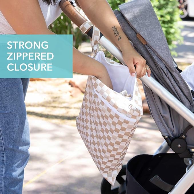 Bumkins Waterproof Wet Dry Bag for Baby, Travel, Swim Suit, Cloth Diapers, Pump Parts, Pool, Beach, Gym Clothes, Toiletry, Hook to Stroller, Daycare, Zipper Reusable Wetdry Packing Pouch, Beige Check