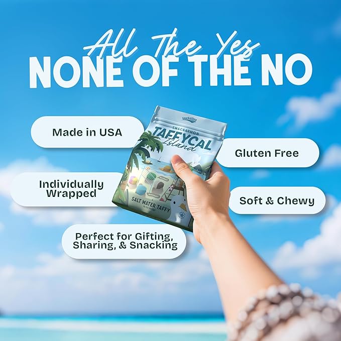Snackathon Salt Water Taffy Assorted Mix – Taffycal Island Edition, 10-Flavor Tropical Variety, Individually Wrapped Soft & Chewy Gourmet Candy, Unique 7 oz Themed Bag for Gifting