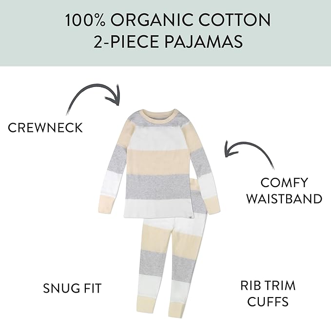 HonestBaby Classics 2-Piece Pajamas Sleepwear Pjs 100% Organic Cotton for Baby, Toddler, Kids
