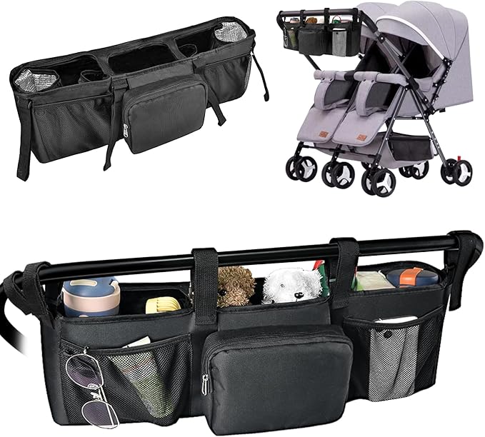 Succulentlovers Double Stroller Organizer - Caddy Compatible With Bob and Jogging Strollers, Side by Side Accessories With Cooler Pockets