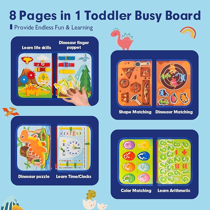 Busy Board Montessori Toys for Toddlers 1 2 3 4 Years Old, Busy Book for Toddlers 1-3 to Develop Fine Motor Skills, Travel Educational Gift for Boys (Dinosaur)