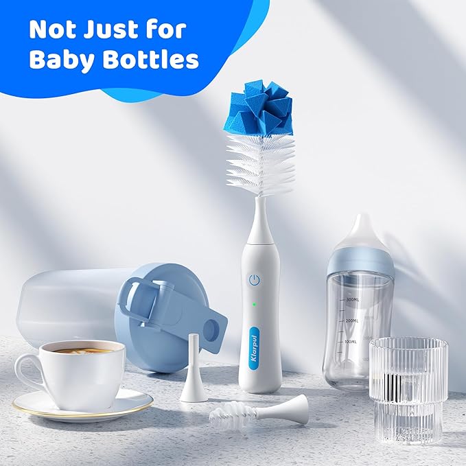Electric Bottle Brush Cleaner, IPX7 Waterproof Baby Bottle Cleaner Kit with Replaceable Nipple Brush & Extender Rod, 2 Speed Modes, 360° Auto Cleaning, 2000mAh Battery, Rechargeable, Blue