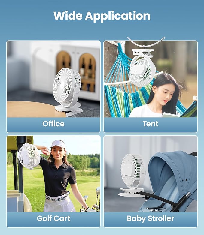 LEMOISTAR 10000 mAh Battery Operated Clip on Fan, 4 Powerful Wind Speeds, 8 Inch, Max 38 Hrs, Rechargeable, USB Powered Stroller Fans, Quiet, Portable Personal Fan for Camping Desk Golf Cart(White)