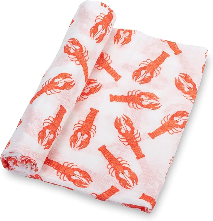 LollyBanks Muslin Swaddle Blankets for Boys and Girls, 100% Cotton Baby Blanket, Large 47 x 47 Inches Breathable Swaddles for Newborn, Gender Neutral Baby Swaddle Blanket, Registry (Lobster Print)