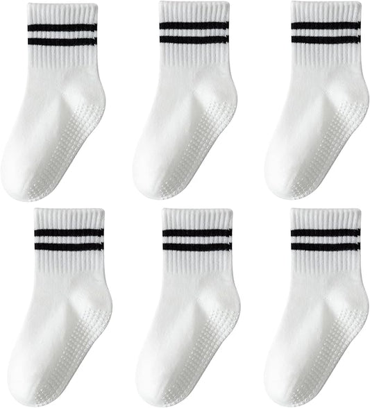 Toddler Grip Socks with Non-Slip, Unisex Baby Retro Stripe Seamless Crew Ankle Cotton Socks for Girls Boys 6 Pairs