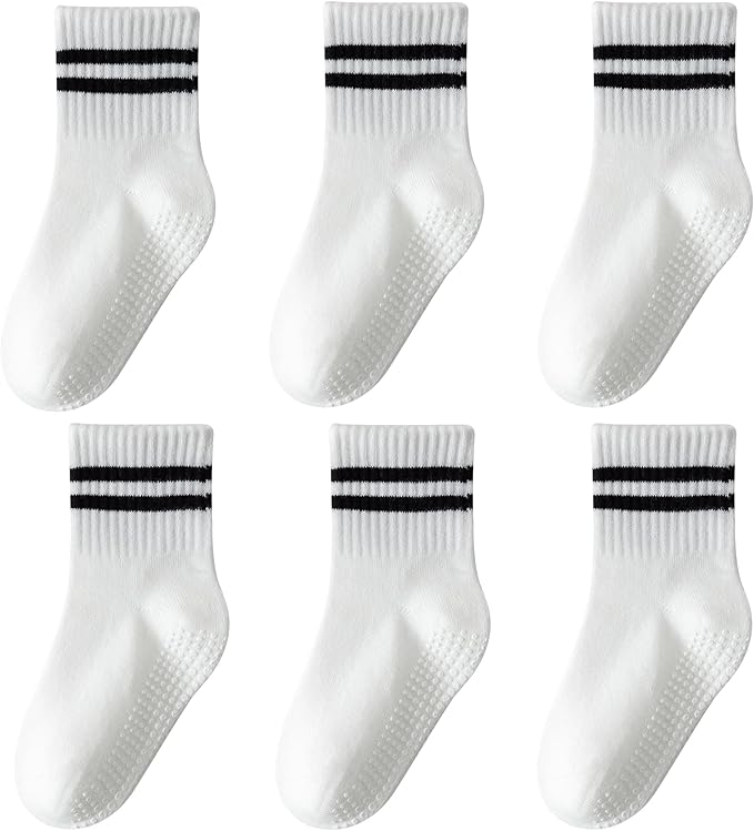 Toddler Grip Socks with Non-Slip, Unisex Baby Retro Stripe Seamless Crew Ankle Cotton Socks for Girls Boys 6 Pairs