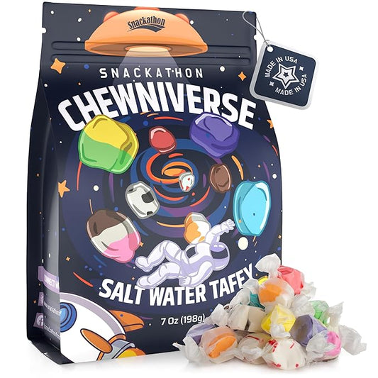 Snackathon Salt Water Taffy Assorted Mix – Chewniverse Edition, 10 Flavor Variety, Individually Wrapped Soft & Chewy Gourmet Candy, Unique 7 oz Themed Bag for Gifting
