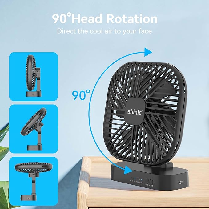 shinic 5 Inch Desk Fan - AA Battery Operated,Ultra-Quiet 6-Blade Table Fan with Timer, 3 Speeds, Adjustable Tilt for Bedroom, Office, Outdoor Travel (Black, No Batteries Included)