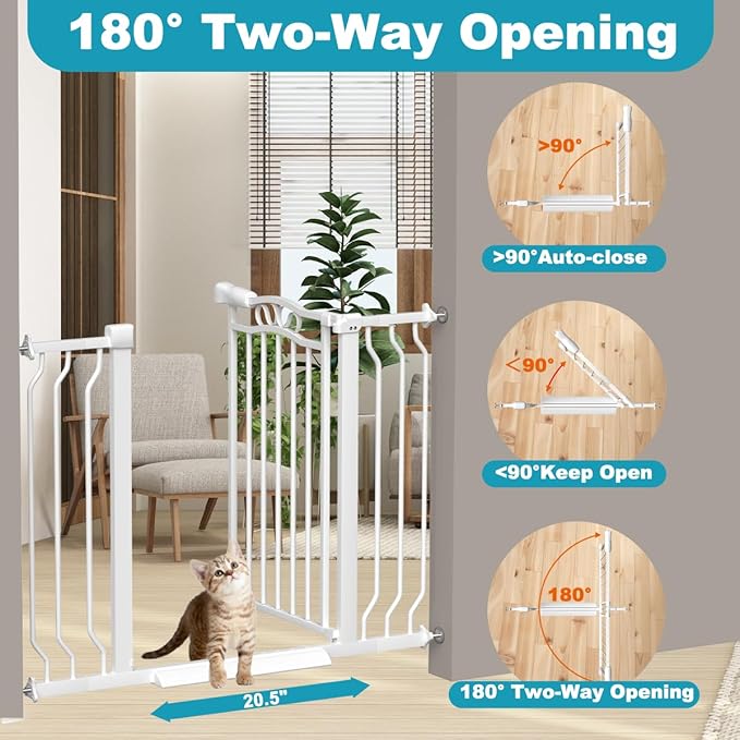 29.9-33.4 in Wide Baby Gate for Stairs Doorways, Auto Close Child Safety Gates Indoor for Dogs Pets, Pressure Mounted Metal Barrier Kids Toddler Door Walk Through, 30" Tall, White