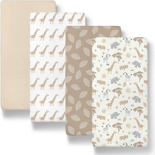 The Peanutshell Baby Bassinet Sheets 4-Pack - Soft, Oval & Fitted Baby Girls or Boys Sheet, Rectangle, Fitted Covers for Crib, Halo Bassinet Mattress - Safari Neutral