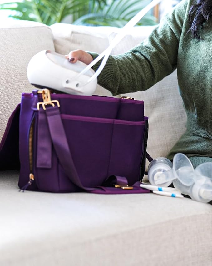 Sarah Wells Stroller Caddy & Pump Bag – Insulated Neoprene Diaper Organizer with Crossbody Strap, Machine Washable, Luggage Sleeve – Fits Single & Double Strollers (Purple)