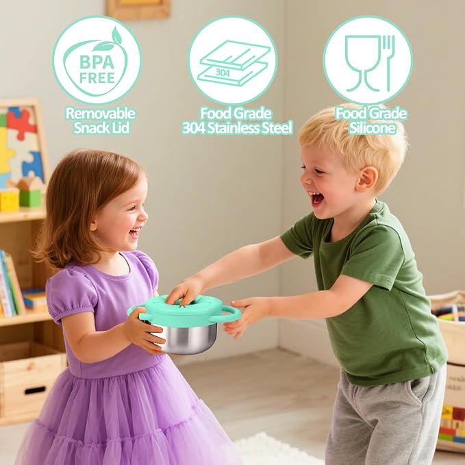 BUSOHA Stainless Steel Toddler Snack Cups - 9 OZ Spill-Proof Baby Snack Containers with Silicone Catcher and Lid Travel Snack Containers for Kids Food Grade Silicone Dishwasher Safe,Green