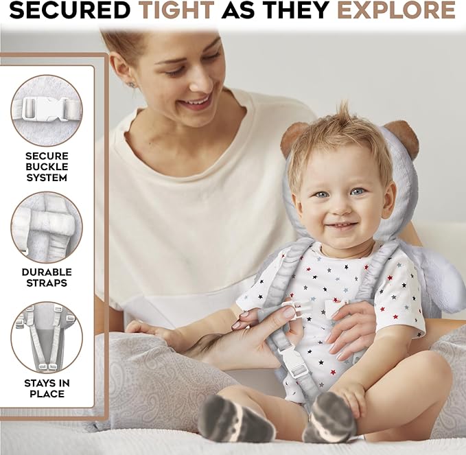 Little Family Baby Head Protector Backpack, Non-Toxic Hypoallergenic Toddler Backpack Head Protection, Full Head Coverage, Head Protection for Falling, Secure, Durable, Bear (Grey)