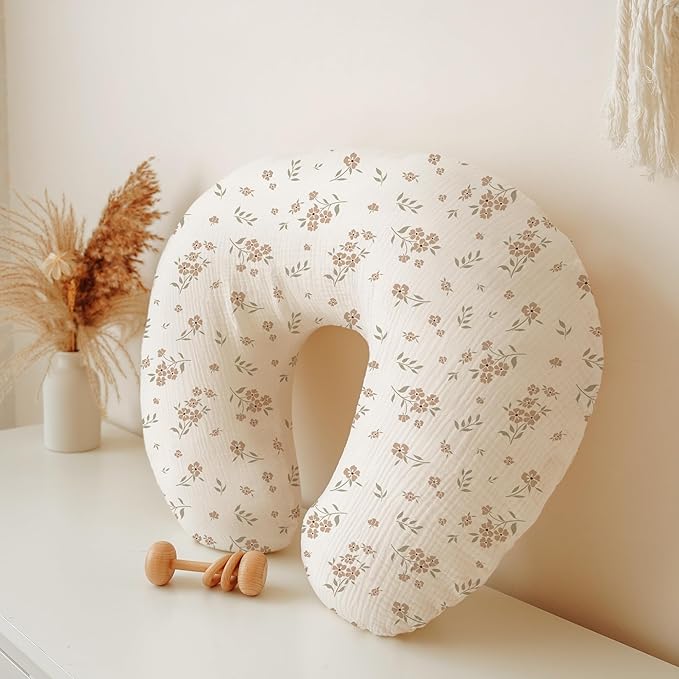 Konssy 2-Pack Muslin Nursing Pillow Covers, Soft & Adorable Nursing Covers for Breastfeeding Pillows, Slipcovers for Newborn Boys & Girls(Cream, Blossom)