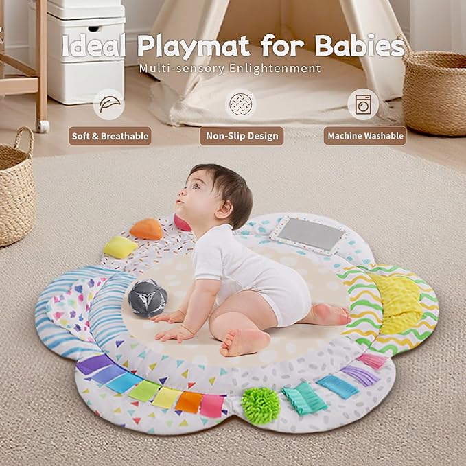 Baby Play Gym & Activitiy Mat, Upgraded 6 Developmental Zones, Tummy Time Mat with Sensory Toys for Motor Skill & Sensory Development, Essentials Shower for Baby