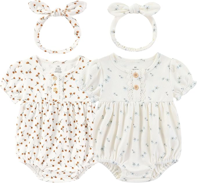 Baby Girl Clothes Cotton Bubble Romper Floral Bodysuits Infant Outfit Set