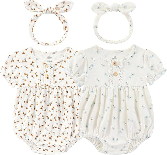 Baby Girl Clothes Cotton Bubble Romper Floral Bodysuits Infant Outfit Set