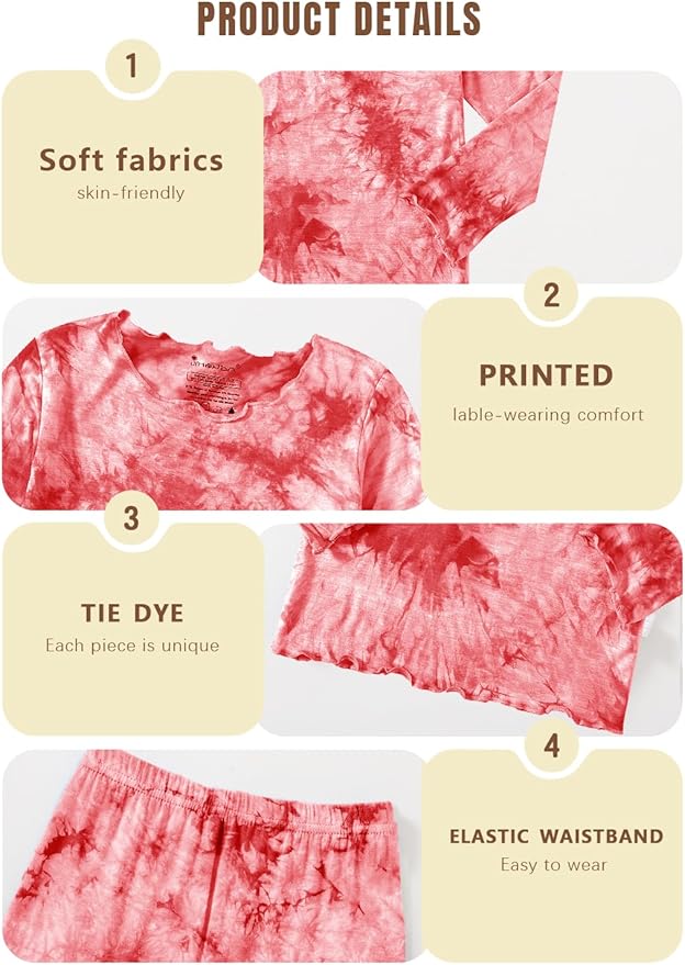 Jimonda Kids Toddler Soft Rayon From Bamboo Pajamas Long Sleeve Boys Girls Sleepwear Outdoor 4pcs Set Tops&Pants Tie Dye Pj