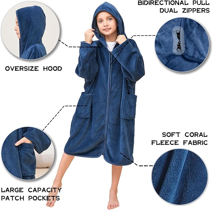 Hiturbo Kids Bath Towel Hoodie: Soft Plush Zipper Surf Poncho - Warm Fleece Changing Towels Swimming Outerwear (Navy)