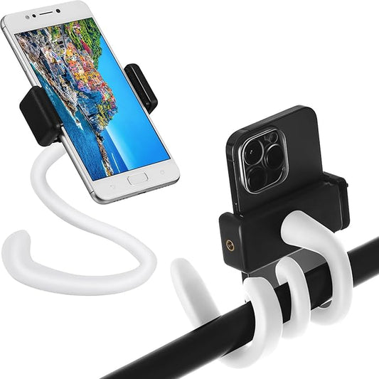 Amylove 2 Pcs Stroller Phone Holder Portable Cell Phone Holder Stand Universal Stroller Accessories for Parent Baby Toddler Cellphone Clamp with Non Slip Silicone Arm Grip(White,Novel)