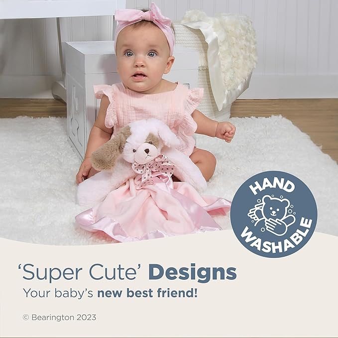 Bearington Baby Wiggles Snuggler, 15 Inch Pink Puppy Dog Plush Stuffed Animal Security Blanket Lovey for Babies