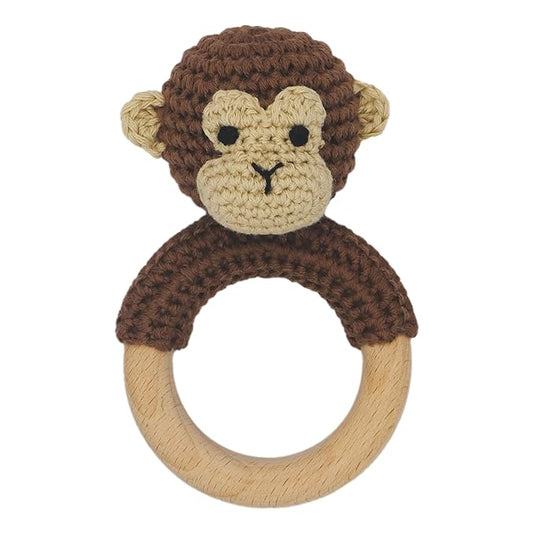 Joliecraft Safari Animals Wooden Baby Rattle Toys Stuffed Crochet Rattle with Teether Ring for Newborn, Brown Monkey