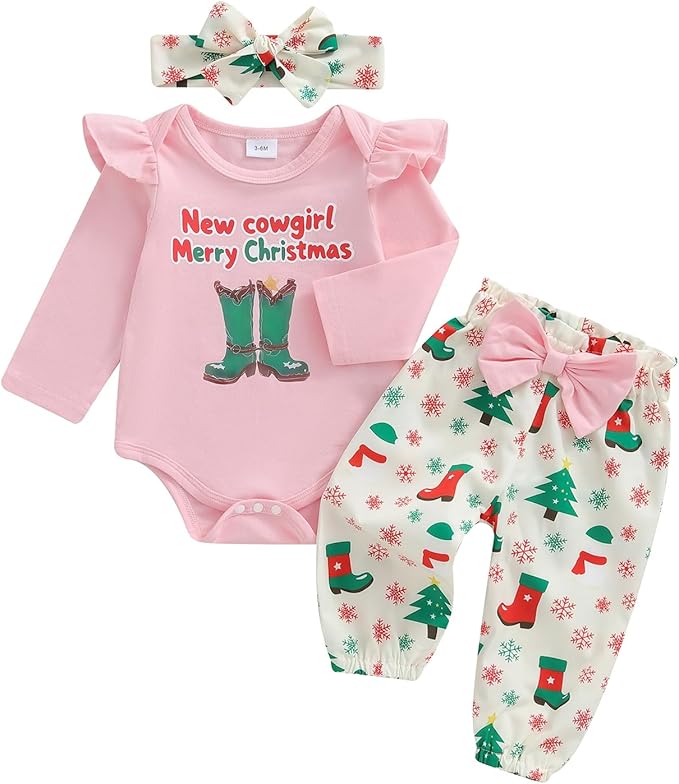 Fernvia Western Newborn Baby Girl Clothes Long Sleeve Letter Print Romper Animal Print Pants Headband 3Pcs Outfits Sets