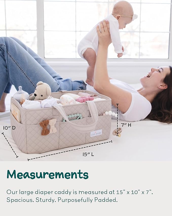 Lily Miles Baby Diaper Caddy Organizer, Quilted Nursery Storage Organizer for Newborn Essentials and Diaper Changing Station, Gift for Baby Shower and Registry Must-Have (Soft Sand)