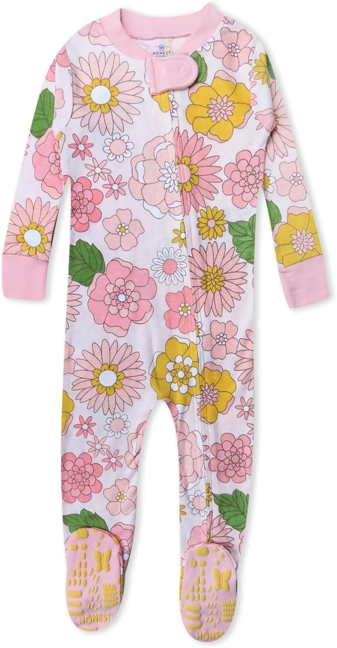 HonestBaby Non-Slip Footed Pajamas One-Piece Sleeper Zip-Front Pjs 100% Organic Cotton for Baby Girls