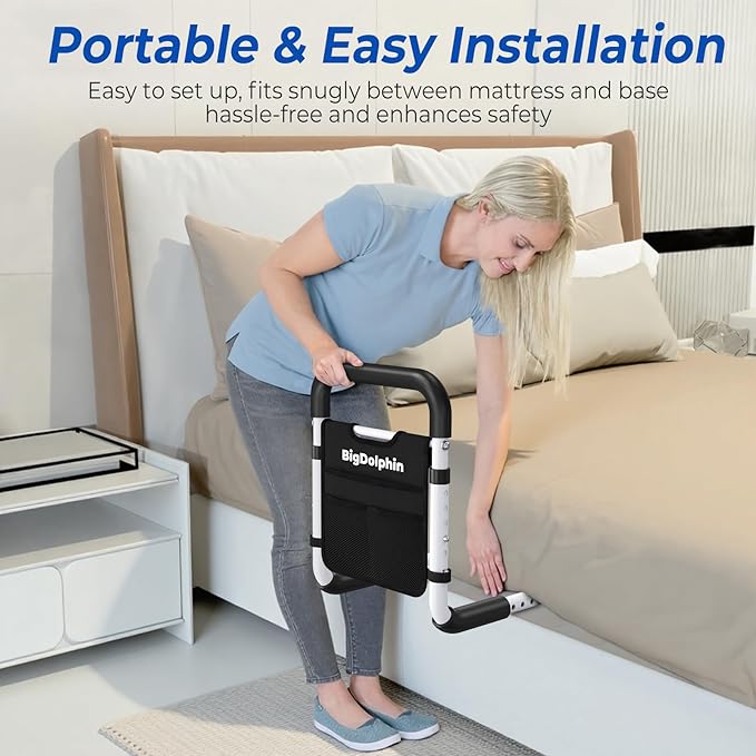 Bed Rails for Elderly Adults Safety 2026 Upgrade - ASTM Compliant Adjustable Bed Cane with Non-Slip Ergonomic Handle & Storage Pocket, Bed Railings for Seniors Support 350 LBS, Tool-Free