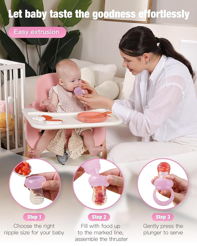 Baby Fruit Feeder & Popsicle Molds Tray Combo, New Born Must Haves and Babies Led Weaning Supplies for Safe Infant Self Feeding, 6+ Month (Pink)