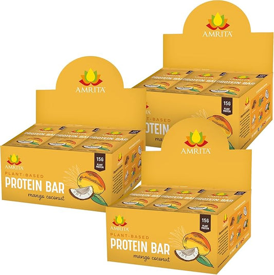 Amrita Nut Free Vegan Protein Bars (12 CT PK of 3) | Mango Coconut 15g Plant-Based Protein Bar | Peanut-Free, Gluten Free, and Dairy-Free | No Added Sugar, High Fiber, Healthy Snacks for Kids/Adults