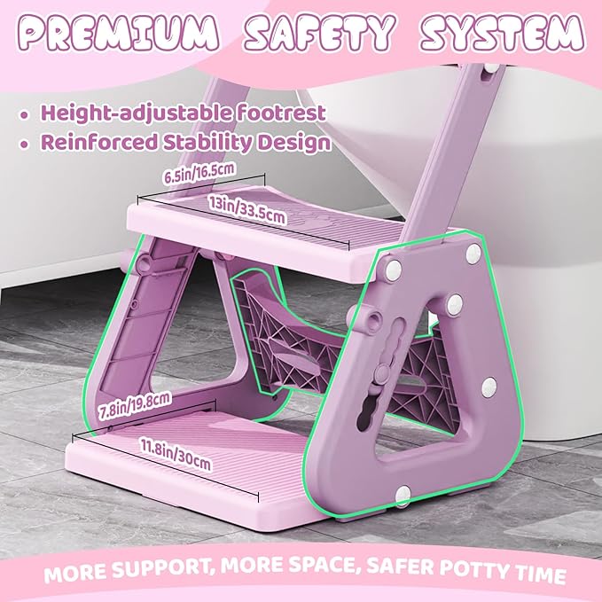 Potty Training Seat, Upgrade 2 in 1 Potty Training Toilet with Step Stool Foldable Toddler Toilet Seat for Kids Boys Girls Toddler Potty with Splash Guard Anti-Slip Pad Adjustable Ladder & Seat Height