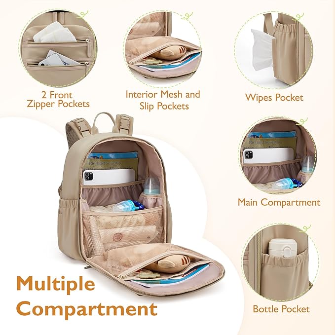 mommore Neoprene Diaper Bag Backpack Small Baby Bag Travel Mini Diaper Backpack for Newborn with Insulated Pockets (Beige)
