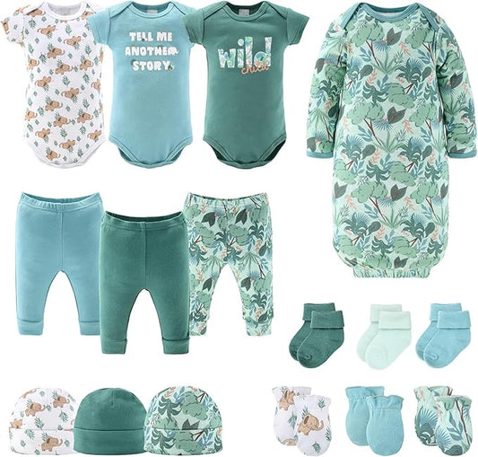 The Peanutshell Baby Layette Gift Set for Boys or Girls - Unisex Newborn to 9 Months Baby Clothes & Essentials - Wild Jungle